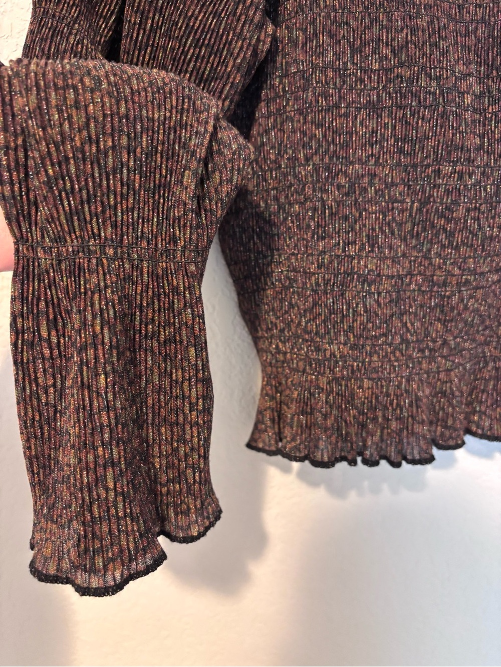 Anthropologie Brown Shimmer Smocked Puff Sleeve Top Women’s Medium Whimsigoth - Picture 4 of 10